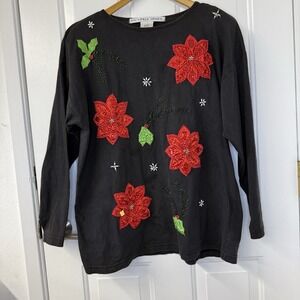 Vtg Victoria Jones Black Beaded Poinsettia Holly Long Sleeve Women's Size Medium